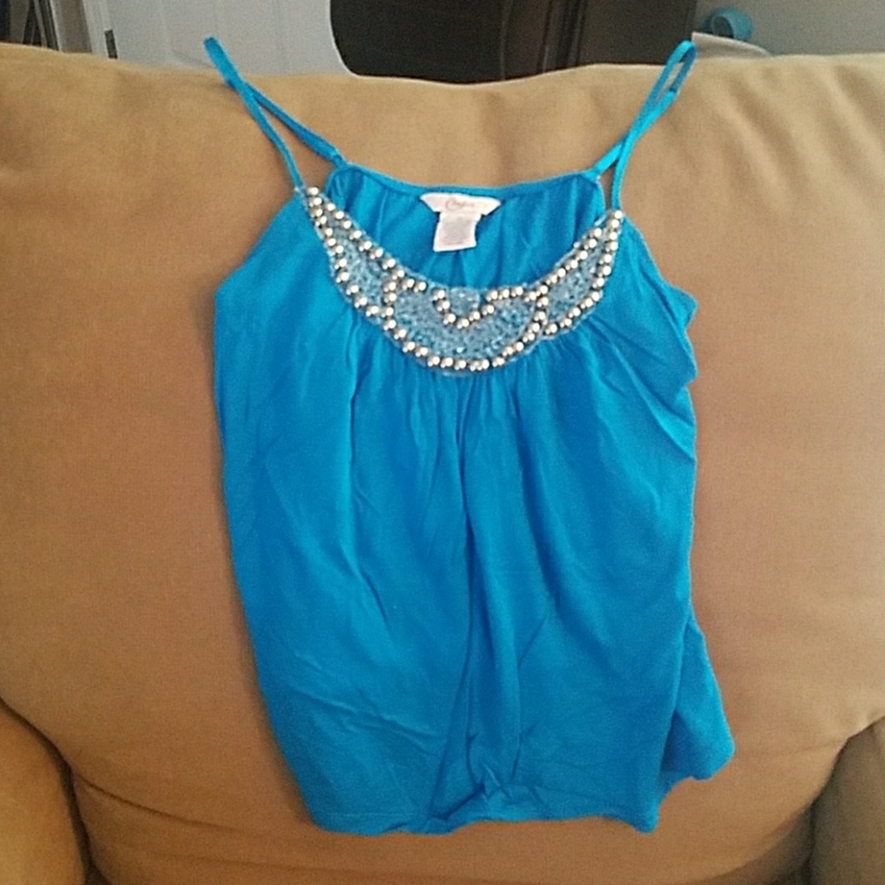 Blue Tank Top with Embellished Neckline